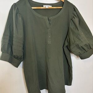 Chicos Olive Green Mixed Media Puff Sleeve Top